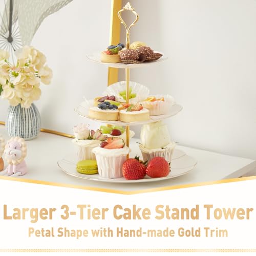 DUJUST Luxury Larger 3-Tier Cupcake Stand Tower, British Style Porcelain Serving Tray with Golden Trim, Food Grade Dessert Display Stand for Tea Party & Home Décor - 45% Larger Plates - Image 4