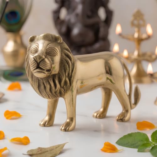 Image of Pure Brass Lion Idol, Vastu Remedy for Strength & Courage (22 cm, 2.3 kg)