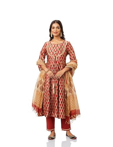 Image of Amazon Brand - Myx Women's Silk Chanderi Handblock Printed Authentic Kurta Set with Dupatta (Anarkali | Bagru Print) (Available in Plus Sizes)