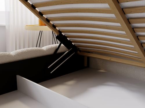 GRAINGOLD Cloud Bett 140x200, Polsterbett mit Bettkasten, Polsterbett mit Stauraum, Bouclé-Stoff, mit Lattenrost, mit Kopfteil, ohne Matratze (Beige, 140x200)