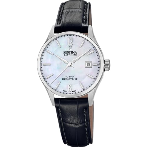 Festina Reloj Mujer F20009/7 Swiss Made Correa Clasico Caja de Acero Inoxidable 316l Plateado Correa de Piel Negro