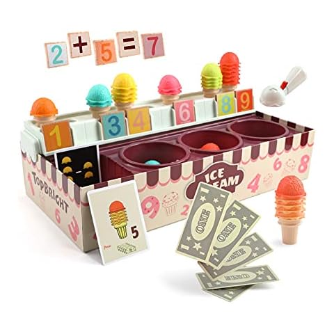 TOP BRIGHT Wooden Ice Cream Counter Play Set For 3 4 5 Years Old Girls - Pretend Food, Play Food Sets For Children Kitchen, Educational Toys For Number Counting Cover
