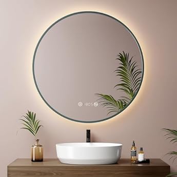 Foto di EMKE Specchio Bagno Rotondo 70 cm, Verde Scuro, Antiappannamento, Orologio, Temperatura, Specchio Bagno con Luce 4300K, Spegnimento Automatico 3 h, Memoria, IP65,Specchio LED