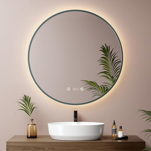 EMKE Espejo de Baño Redondo 70 cm, Verde Oscuro, Antivaho, Reloj, Temperatura, Espejo baño con luz 4300K, Apagado Automático 3 h, Memoria, IP65,Espejo LED baño