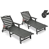 Patio Chaise Lounge Chair Set of 2, HDPE Outdoor Lounge Chairs with 5-Position Adjustable Backrest, Cup Holder and Wheels, 450lbs Capacity for Poolside Deck Backyard, All Weather Material(Gray)