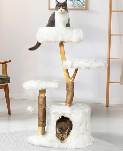 Torre para gatos moderna con árbol natural de madera blanco miniatura 1