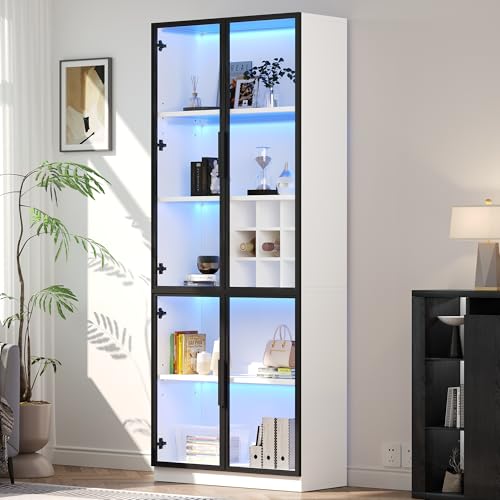 Ante in vetro con telaio in alluminio: due ante in vetro con telaio in alluminio, cornice nera e vetro trasparente per un look semplice ed elegante. Attraverso il vetro, il contenuto dell'armadio è chiaramente visibile e trasforma lo spazio di archiviazione in una mostra d'arte. Che si tratti di preziose collezioni di vini, personaggi amati o libri, diventeranno tutti elementi unici della vostra casa.