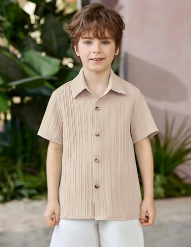 Image of Arshiner Boys Light Khaki Shirt Soft Short Sleeve Button Down Shirt size 12, Champagne