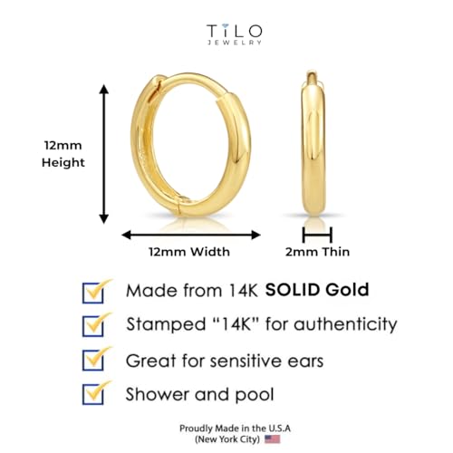 Image of 14K Yellow Gold Huggie Hoop Earrings, Shiny and Small, Round and Oval