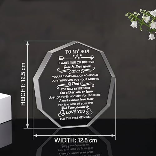 Image of DIGI ARTS Crystal Souvenir Decorative Signage Gift from Mom Dad to My Son Inspirational Birthday Graduation Back to School Christmas Valentine's Day for Adult Teen Boy 12.5 x 12.5 cm