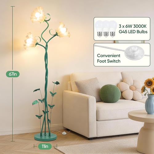 Image of TOBUSA Flower Floor Lamp for Living Room Bedroom, 3-Light Cute Vintage Standing Lamp with Flexible Gooseneck, 67'' Tall Green Floral Stand Up Lamp, Modern Unique Flower Corner Lamp for Reading Nursery