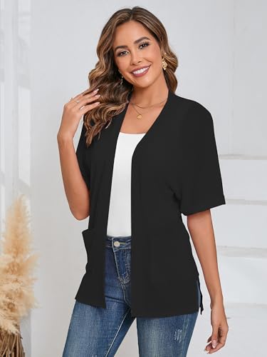 Image of Heymoments Women's Lightweight Open Front Cardigans Short Sleeve Casual Soft Knit Cardigan Sweaters with Pocket S-2XL