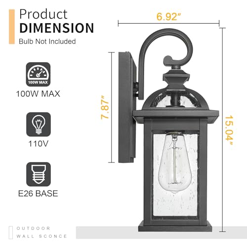 Image of Darkaway Dusk to Dawn Outdoor Lights Fixture Wall Mount, Exterior Wall Light with Seeded Glass Waterproof Black Outside Wall Sconce for House Porch Hallway Garage