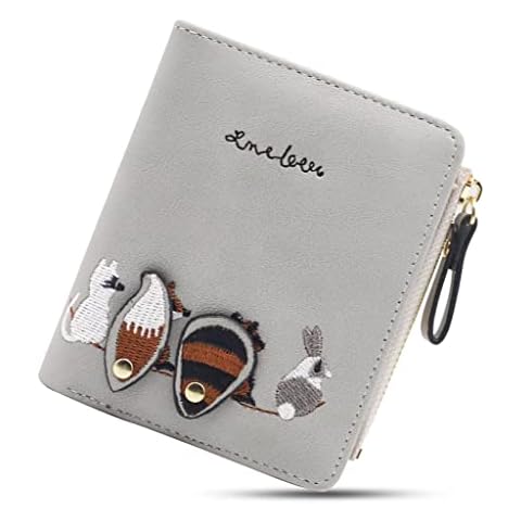 PALAY Small Wallets For Women, Cute Mini Animals Embroidery, Short Wallet Card Holder Billfold Leather Purse Wallet Gift For Girls (Grey), Green2 Cover