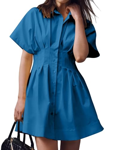 Image of Burtell Summer Button Down Pleated Shirt Dress for Women Striped Print V Neck Short Sleeve Mini Dress Casual Corset Dresses