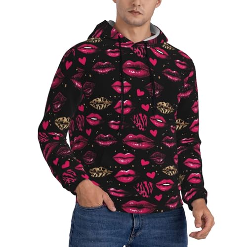 Hoodies For Men - Leopard Pink Lips Print Long Sleeve Casual Men'S Hoodies & Sweatshirts Pullover With Pocket