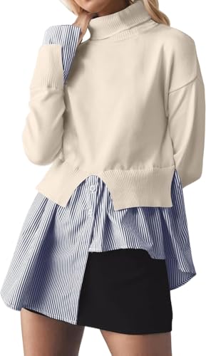 Image of Turtleneck Asymmetrical Sweaters for Women Patchwork 2 in 1 Pullover Knit Sweater Slit Button Down Shirt 2026 Fall