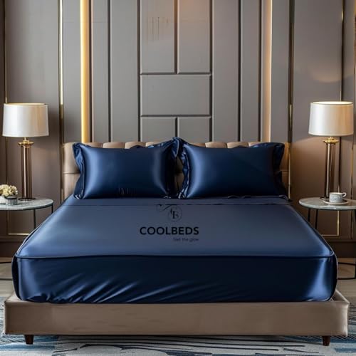 Image of COOLBEDS Satin Bedsheet for Single Bed Elastic Fitted - Bedsheet for Single Bed - Single Bedsheet with 2 Pillow Covers - Satin Bedsheet - Elastic Bedsheet - 400 Thread Count - 190 x 96 cms (Navy Blue)
