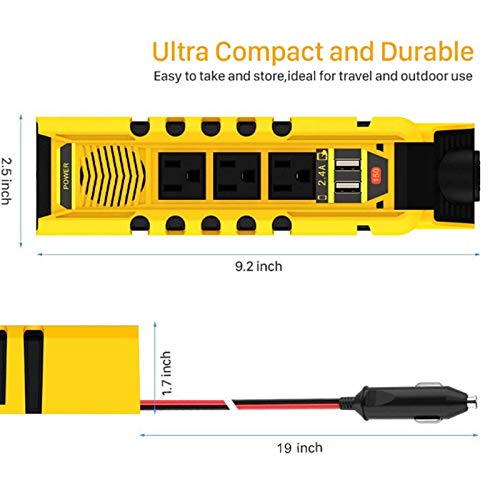 VEMOTE 150W Car Power Inverter Charger DC 12V to 110V AC Converter with 2.4A Dual USB Ports 3 Charger Outlets and 1 Cigarette Lighter Socket Adapter for Phones Tablets PC Laptops