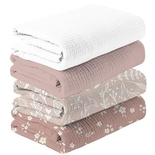 Image of Happy Flute 4Set Muslin Swaddle Blankets–Ultra Soft Baby Blanket for Newborns,Receiving Blankets for Baby Girls & Boys–Baby Essentials 0-3 Years,40x40inches (Flower)