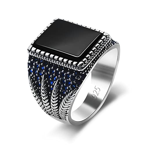 Image of 925 Sterling Silver Ring with Solid Polished Rectangle Black Onyx Ring,Black Square Stone Turkish Ottoman Signet Rings, Sterling Silver Stone, Agate