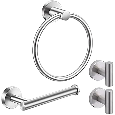 Pynsseu Brushed Nickel Bathroom Accessories Set, Hand Towel Ring Toilet Paper Holder and 2 Robe Towel Hooks, 4 Pieces Stainless Steel Wall Mounted Bathroom Hardware Kit Cover
