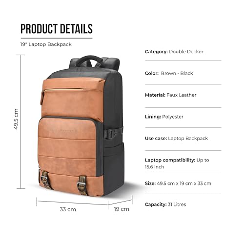 Gear Double Decker 31L Large Water Resistant Faux Leather Anti-Theft 5 Compartment Backpack/Laptop Bag/Office Bag for Men/Women (Navy-Tan) - Image 3