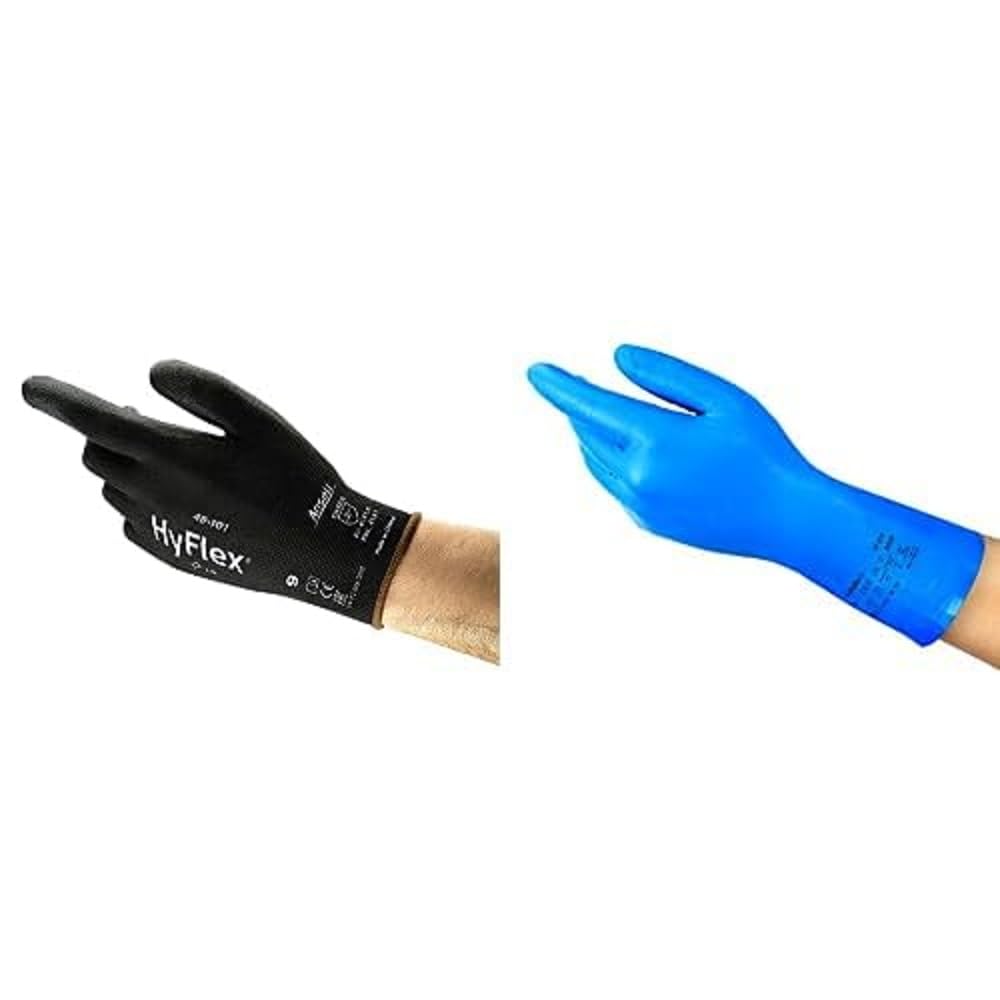 HyFlex 48-101 Gants de Travail Ultrafins, Protection Mécanique Taille L (12 Paires) + AlphaTec 37-310 Gants de Travail Nitrile, Manchette Longue Taille L (12 paires)