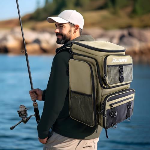 PLUSINNO Mochila de pesca com suportes de vara, bolsa de pesca grande resistente à água 42L Equipame