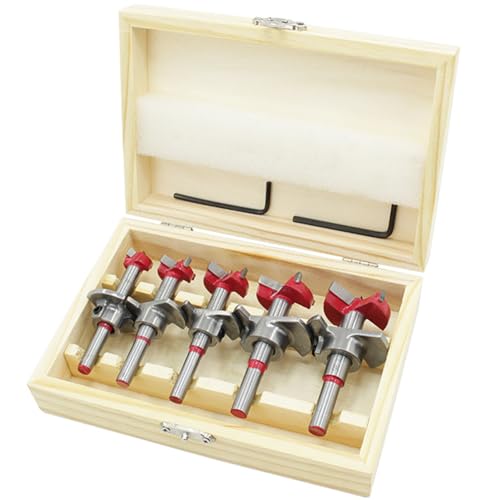 Meichoon Lot de 5 forets Forstner, 15 mm, 20 mm, 25 mm, 30 mm, 35 mm, en acier au carbone, positionnement ajustable, travail du bois, foret à charnière, foret pour bois tendre et dur