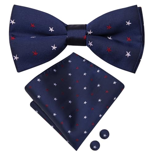 Image of Hi-Tie Blue Bow Ties for Men Flag Pre-Tied Pocket Square Lapel Pin Cufflinks Mens Bowtie Sets for Wedding Formal Party