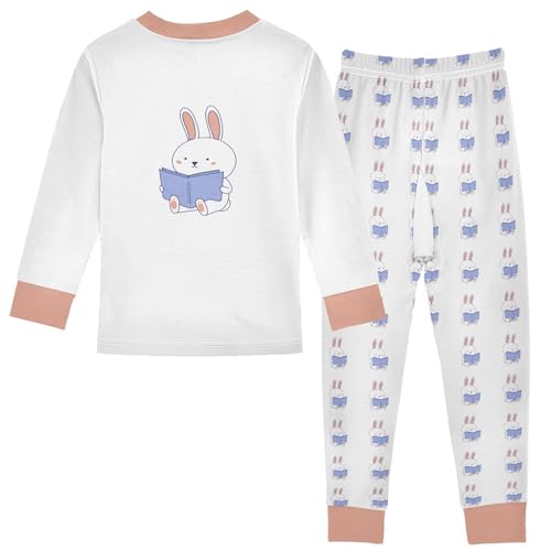 Cartoon Pajamas Set Rabbit Read Book Long Sleeve PJs Cotton Jammies Sleepwear Top and Pants Multicolor2