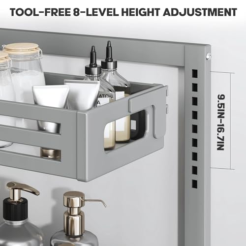 Image of 2 Pack 19IN-Depth Under Sink Organizer,Pull Out Cabinet Organizer With Smooth Cylindrical Rail,Metal Slide Out Drawer for Kitchen Bathroom Laundry,8-Level Tool Free Height Adjustable-Gun Gray