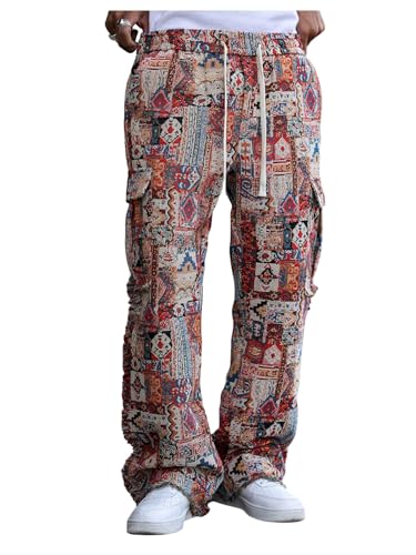 GORGLITTER Men's Patchwork Flared Pants Graphic Distressed Stacked Drawstring Waist Y2K Sweatpants Pants