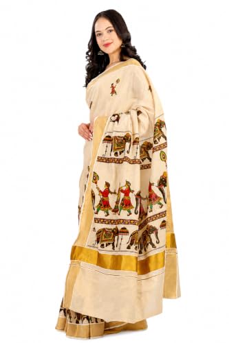 Image of Women's Kerala Tissue Plain Saree with Running Blouse| Onam & Vishu Kani Special | Traditional Kasavu White Colour