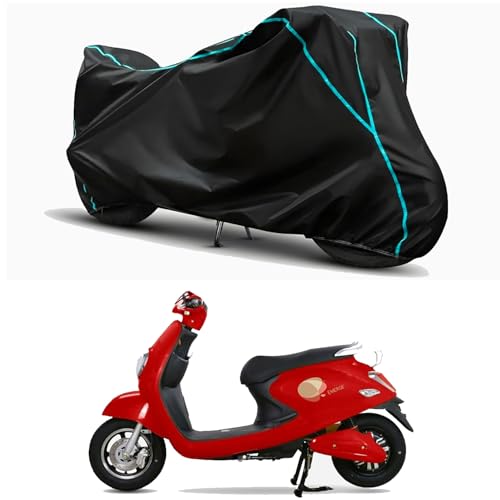 Image of Waterproof Bike Body Cover Compatible for | Techo Electra Emerge STD | Taffeta Fabric, Sky Piping Design, Bottom Elastic Fit | Dustproof, Sun UV & Rain Protection for All Weather.