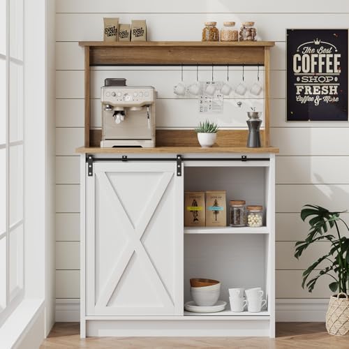 4ever2buy Farmhouse Coffee Bar with Hutch, White Coffee Bar Cabinet with Storage Sliding Barn Door, 31 Inch Buffet Cabinet with 6 Hooks, Coffee Bar Table with Adjustable Shelves for Living Dining Room