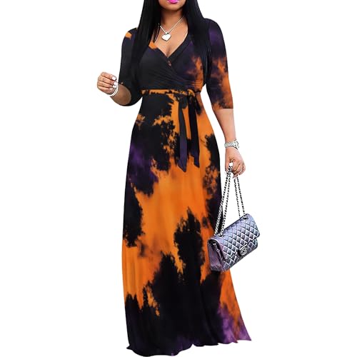 Image of PinkPatty Women's Print Maxi Dresses 3 /4 Sleeve Flowy Long Dress V Neck Wrap Tie Waist Sundress