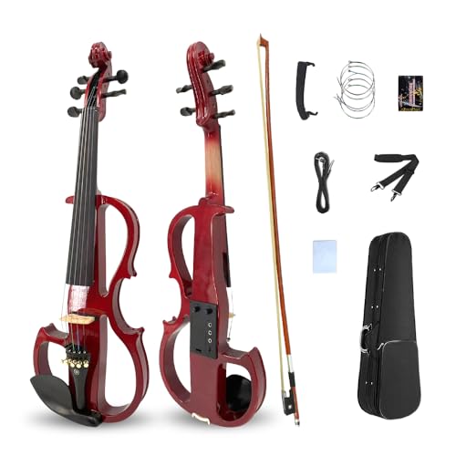 Image of Vetimobato Electric Violin 4 /4 Full Size Solid Wood Silent Violin Set for Adults Beginner Practice Electric Fiddle with Ebony Fittings Hard Case & Bow(5 String Burgundy)