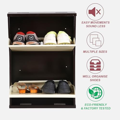 Image of Metal Shoe Rack Wall Mounted for Home with Central Locking 2 Door 20 inch Wall Mounted Metal 4 Pair Rack Cabinet |Pre-Assembled Shoe Rack Shelves |3 Years Warranty (Brown & Ivory)