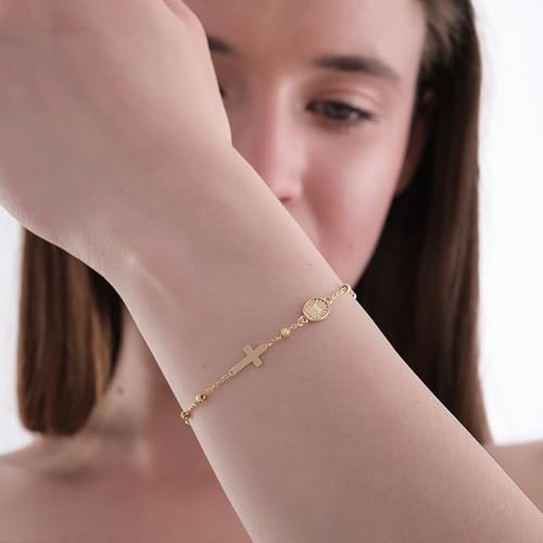 Image of MIONZA Catholic Medal Cross Bracelet for Women | 14K Gold Plated or Solid Gold, Religious Rosary Jewelry, Choose Your Saint Medal Bracelet