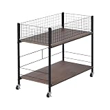 [山善] 押入れ(クローゼット)収納 ラック 幅38×奥行75×高さ64.5cm ストッパー付きキャスター 上段かご・下段棚板 ネット・棚板取り外し可能 組立品 ブラウン(木目) NOSR-7538(ABR/MBK)