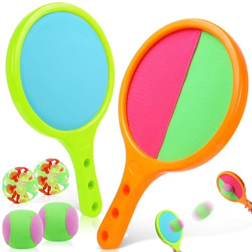 Juego de Lanzar y Atrapar Pelotas Juego de Pelota de Velcro 2 Raquetas y 4 Tipos Bolas Juegos de Bolas Lanzamiento y Captura Toss Catch Ball Juguetes Exterior para Jardín Playa Familia Fiestas