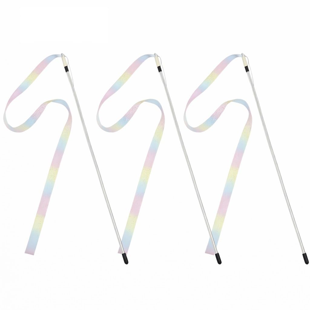 ZACAL Cat Toy Wand Teaser, Interactive Play Set with Rainbow Ribbon, Feather and Plush Worm Attachments, 3 Pack (Cloud Rainbow with Diamantes (Pack of 3)) — image 1