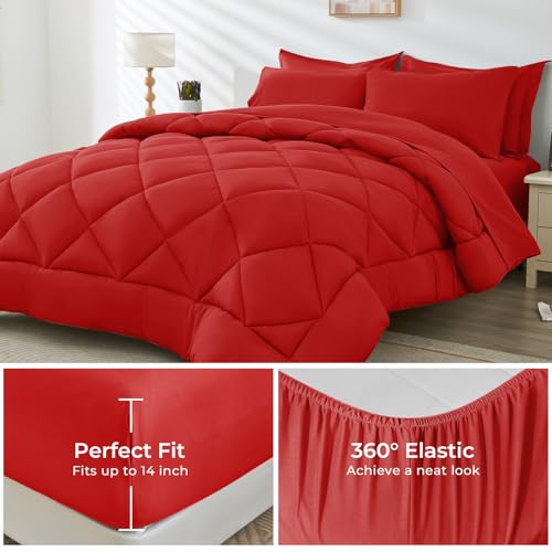 HEVUMYI Red Twin Comforter Set - 5-Piece All Season Bed in a Bag Twin, Ultra Soft Bedding Set with Comforter, Flat Sheet, Fitted Sheet, Pillowcases, Pillow Shams