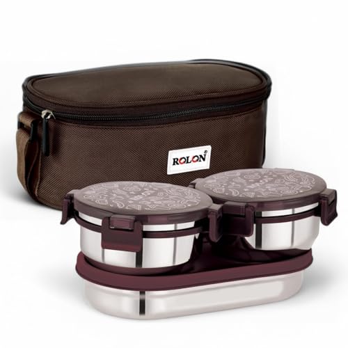 Image of ROLON Lunch Box for Office use Brown Leak Resistance Design Portable Durable Tiffin Box Stainless Steel Lunch Box, 2 Round Containers 300ml, 1 Roti Container 550ml with Insulated Lunch Bag for Office