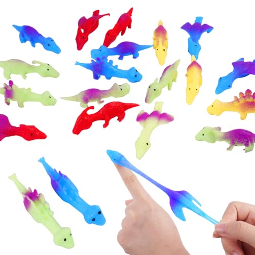 Ainiv 20PCS Slingshot Dinosaur Finger Toys Rubber Stretchy Slingshot Dinosaurs Dinosaur Finger Slingshots Christmas Stocking Fillers Fun Stretchy Flick Dinosaur Slingshot Toy for Girls Boys Age3+