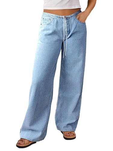 Womens Straight Leg Jeans Mid Waist Casual Baggy Drawstring Eyelet Waist Adjustable Denim Drawstring Jeans