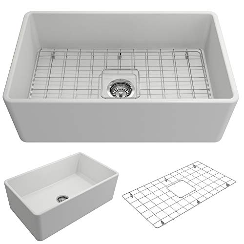 BOCCHI Classico Farmhouse Apron Front Fireclay 30 in. Single Bowl Kitchen Sink with Protective Bottom Grid and Strainer in Matte White BOCCHI Classico Farmhouse Apron Front Fireclay 30 in. Single Bowl Kitchen Sink with Protective Bottom Grid and Strainer in Matte White