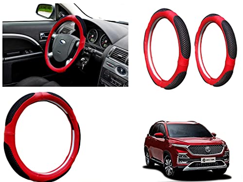 Image of Microfiber Car Steering Wheel Cover, Soft Padding Great Hand Feel, Anti-Slip, Faux Leather Steering Cover for MG Hector | Black Red Jali - Pack of 1